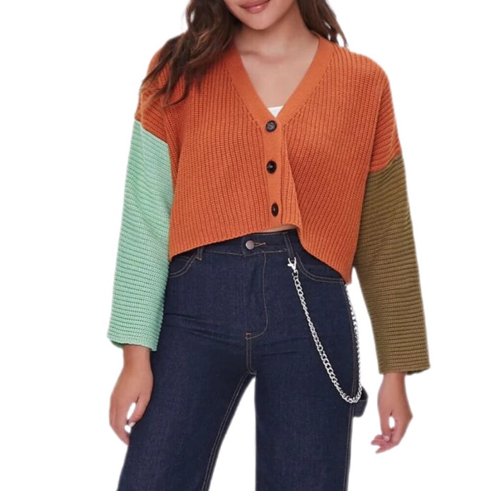 💥🚀💥Forever 21 Cropped Colorblock Sweater Size S | Trendy Knit Button Cardigan